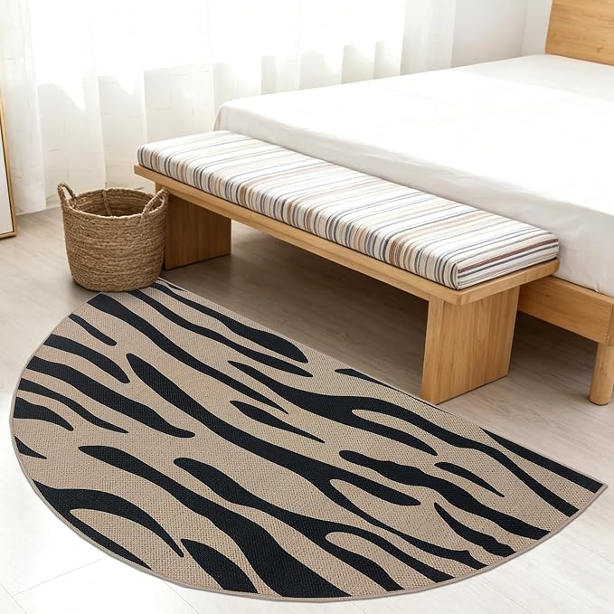 Half Round Easy Jute Rug 3x6Ft Zebra Stripe Carpet for Farmhouse Bedroom Carpet, Non-Slip Half Circle Thin Neutral Floor Mat for Living Room Patio Kids Room Kitchen, Indoor Outdoor, Black 5