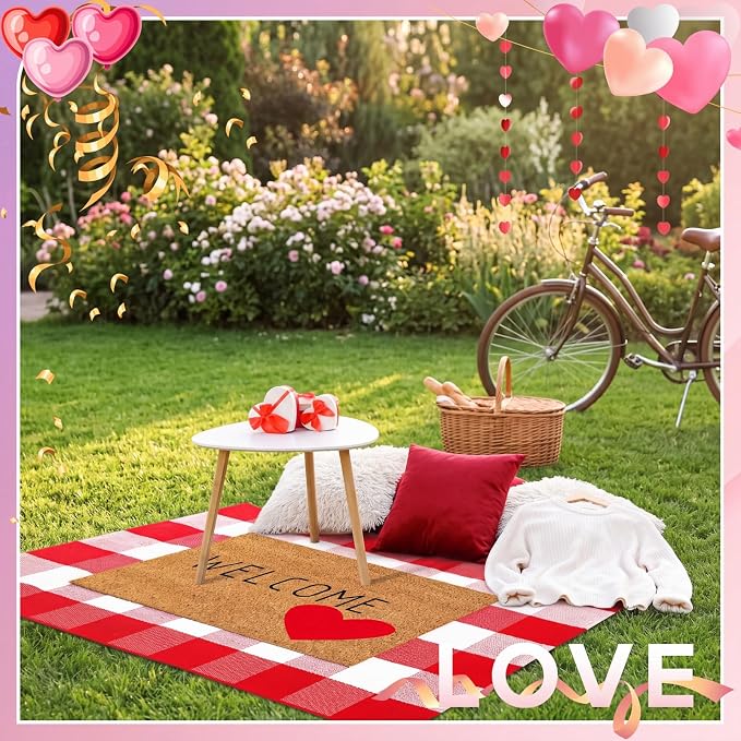 Moucuny 2 Pcs Valentine's Day Coir Welcome Doormat Valentine's Day Rug Outdoor Layered Buffalo Plaid Red and White Mat Red Heart Mat for Front Porch Entryway Outdoor