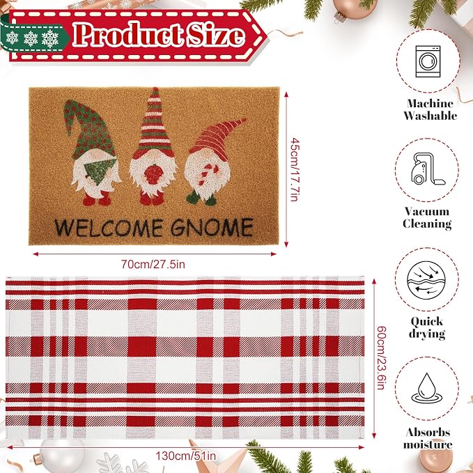 2 Pcs Outdoor Door Mat Combo Set Layered Outdoor Rug and Coir Welcome Doormat Non Slip Outside Floor Mat for Front Porch Entryway Patio Yard Decor(Gnome,24'' X 51',18'' X 28'')