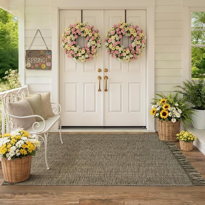 Collive 3' x 5' Indoor Outdoor Porch Rug, Moss Green Modern Farmhouse Entryway Rug Boho Front Door Mat, Hand-Woven Washable Kitchen Rugs for Patio Bedside Nursery Decor
