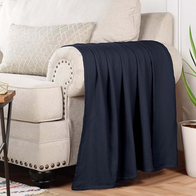 Superior Metro All-Season Cotton Blanket, Woven Blanket for Couch, Bed, Bedding, Farmhouse, Home Essentials, Cute and Cozy Bohemian Blankets, Herringbone Weave, King, Navy Blue
