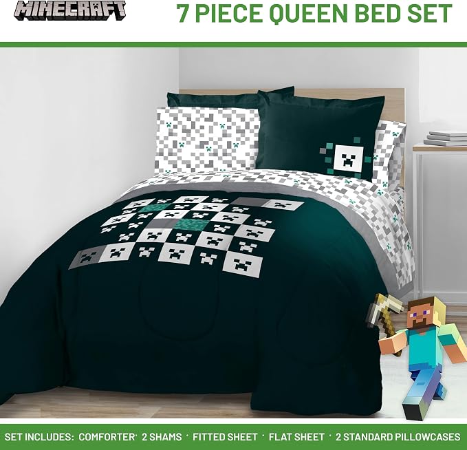 Minecraft Creeper Queen Comforter Set 7 Piece Video Game Bedding, Green | Zombie Enderman, Comforter Sheets Shams Pillowcases, Official Product, Soft Microfiber, Machine Washable, Kids Gift