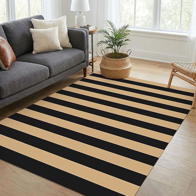 KOZYFLY 4x6 Brown and Black Striped Rug Front Door Rug Cotton Woven Washable Indoor Outdoor Rugs Entrance Layered Doormat for Front Porch Kitchen Patio Farmhouse Carpet