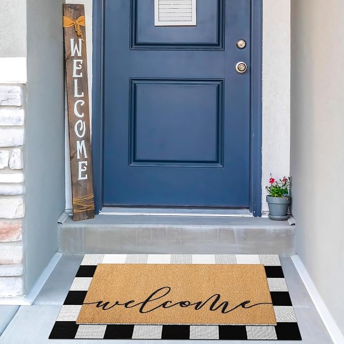 Tinideya 2 Pcs Door Mat Welcome Non Slip Coir Mats Floor Layering Doormats Seasonal for Front Porch Entryway Decor(Welcome)