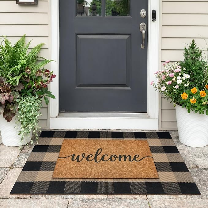 Uphome Bufflo Plaid Outdoor Rug 27.5"x43", Black Natural Checkered Front Door Mat for Fall Decor, Indoor Outdoor Farmhouse Cotton Porch Rug for Layered Door Mats, Washable Area Rugs for Entryway
