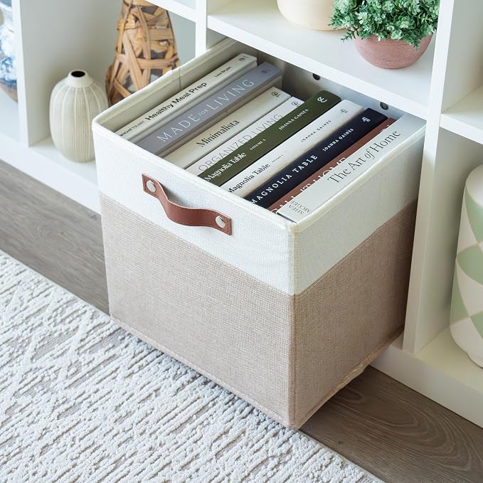 OrganiHaus 11x11 Cube Storage Bins, Set of 4 - Fabric Storage Cubes | Sturdy, holds its shape; odor-free; fits ClosetMaid 11-inch shelves; vegan leather handles