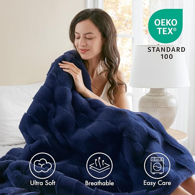 Madison Park Vivienne Faux Fur Throw Blanket Velvet, 50 x 60, Navy | All Season, Cozy Warmth for Sofa or Bed, Reversible, Lightweight, OEKO-TEX Certified