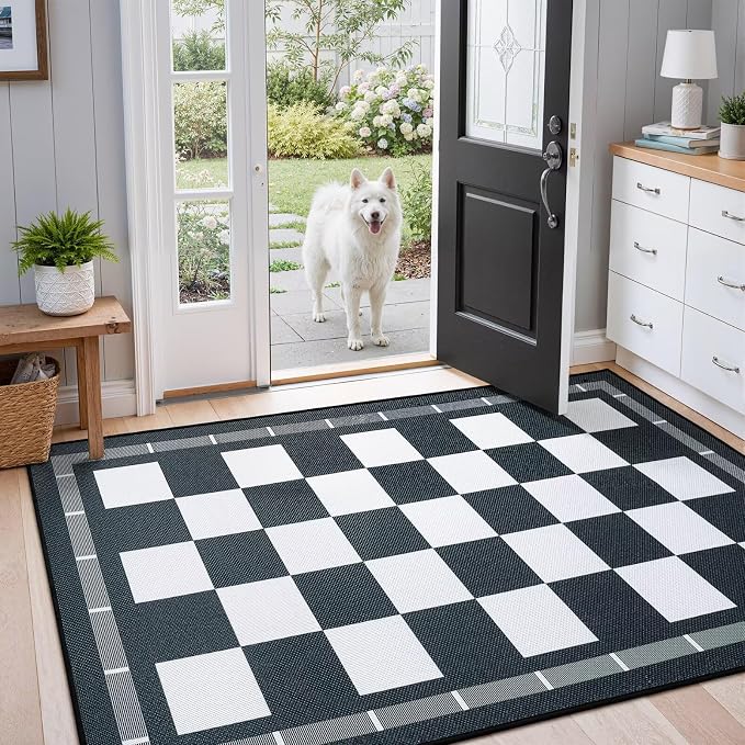 Vasofe Plaid 3x5 Outdoor Patio Rug,Washable Jute Checkered Entryway Rugs | Black and White Indoor Bedroom, Farmhouse Neutral Front Door Mat,Modern Carpet for Porch Patio Balcony Kitchen