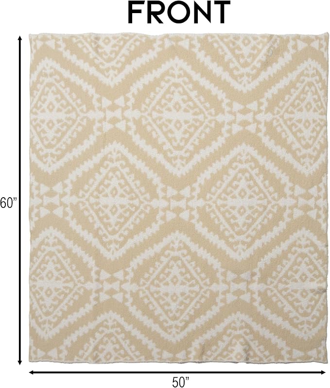 Carstens, Inc. Luxury Soft Stretchy Reversible Plush Throw Blanket, Large 50" x 60", Beige Moroccan