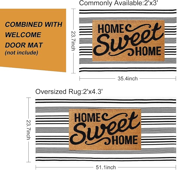Black and White Striped Outdoor Rug, 2'x3' Cotton Modern Hand-Woven Reversible Front Porch Rug Door Mat Welcome Layered Doormat Washable Indoor Carpet for Farmhouse Laundry Room Bathroom