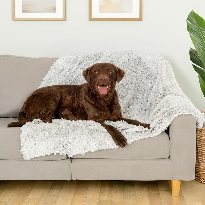 Furhaven Waterproof Throw Blanket for Dogs & Indoor Cats, Washable - Shaggy Plush Calming Long Faux Fur & Velvet Dog Blanket - Mist Gray, Large