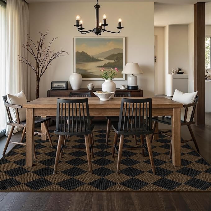 Rugalia Easy Jute 5x7 Outdoor Patio Rug, Washable Coffee Checkered Rugs for Living Room, Non-Slip Farmhouse Diamond Outdoor Mat Neutral Abstract Floor Carpet for Patio Dining Room Backyard