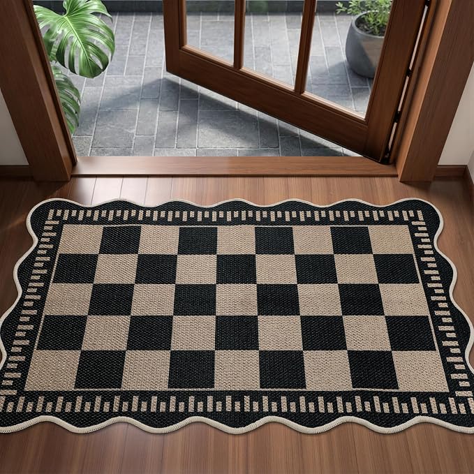 EDIMENS 2x3 Front Door Mat Easy Jute Scalloped Doormat Small Entryway Rug | Checkered Non-Slip Washable Area Rug Low Pile Black Indoor Outdoor Farmhouse for Entrance Entry Front Porch Doorway