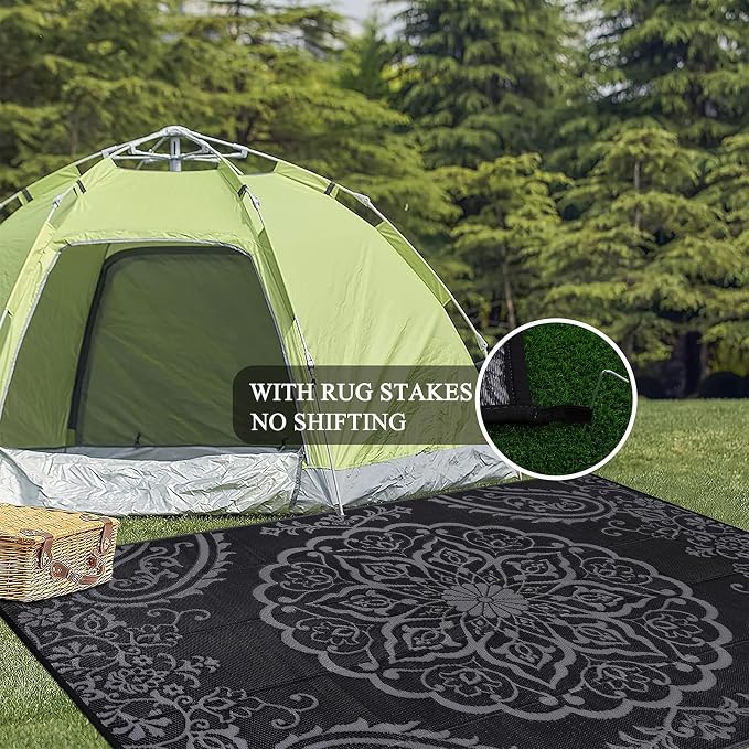 Pauwer Outdoor Rug 6x9, Waterproof Plastic Camping Rug, Boho Black Grey | Reversible Patio Rug, UV Resistant Indoor Outdoor RV Mat Carpet For Deck, Camper, Porch, Balcony, Backyard, Picnic, Foldable