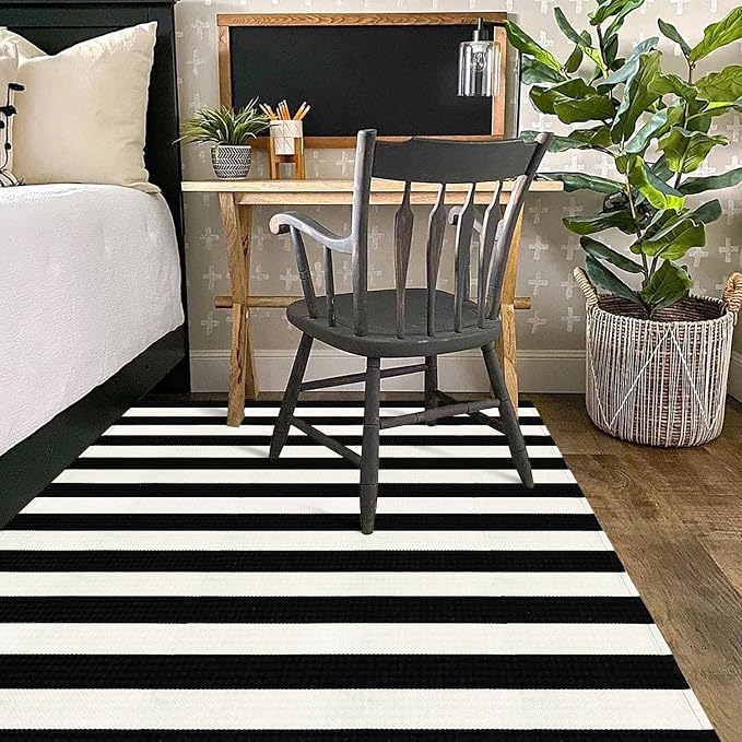 LEEVAN Black and White Outdoor Rug 4x6, Cotton Washable Outdoor Patio Rug, Black Striped Reversible Rug for Balcony Decor, Woven Entryway Rug for Layered Door Mats Porch/Front Door