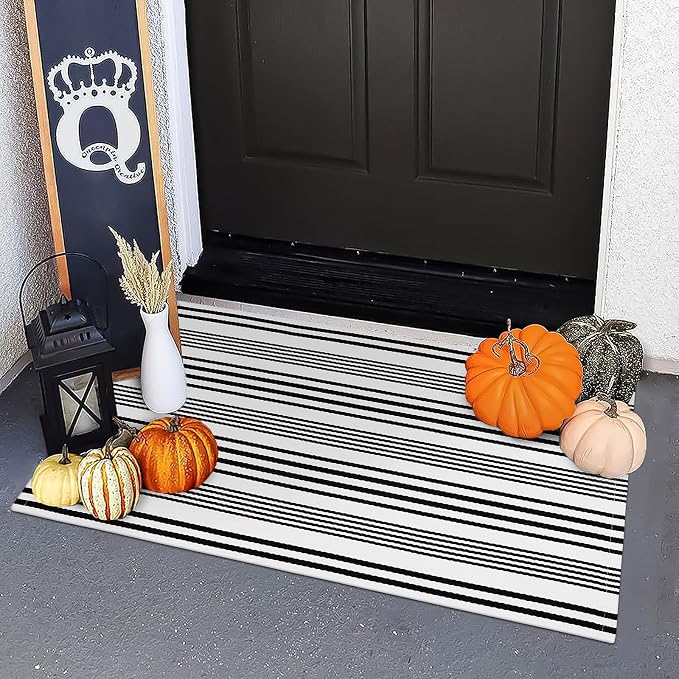 OJIA Front Door Mat 24"x35" Welcome Mat Black and White Outdoor Rug Doormat | Cotton Woven Front Door Rug Washable Indoor Door Mat Outside Entrance Striped Rug for Fall Porch Decor/Farmhouse/Entryway