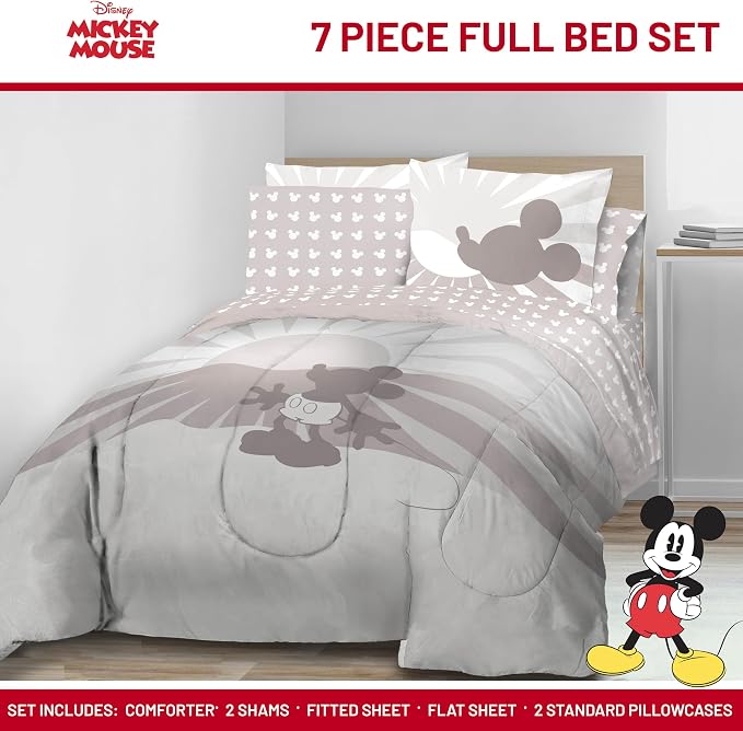 Disney Mickey Mouse Full Comforter Set 7 Piece Cartoon Bedding, Grey | Bed in a Bag, Comforter Sheets Shams Pillowcases, Official Product, Soft Microfiber, Machine Washable, Kids Gift