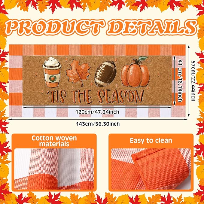 Moucuny 2 Pcs Fall Football Coir Doormat Outdoor, Tis The Season Welcome Coir Doormat 16 x 47, Layered Orange White Plaid Rug 22 x 56, Non-Slip Backing, Fall Autumn Porch Entryway Patio Decor