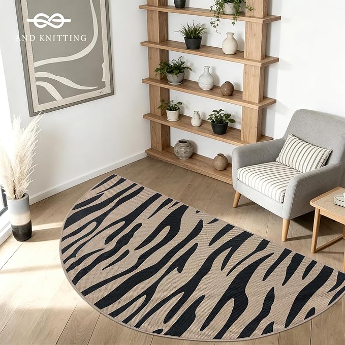 Faux Jute Rug 3x6Ft Half Circle Zebra Stripe Doormat Easy Jute Carpet for Farmhouse Bedroom Kitchen, Non-Slip Half Round Floor Mat for Living Room Kids Room Indoor Outdoor Decor, Black 6