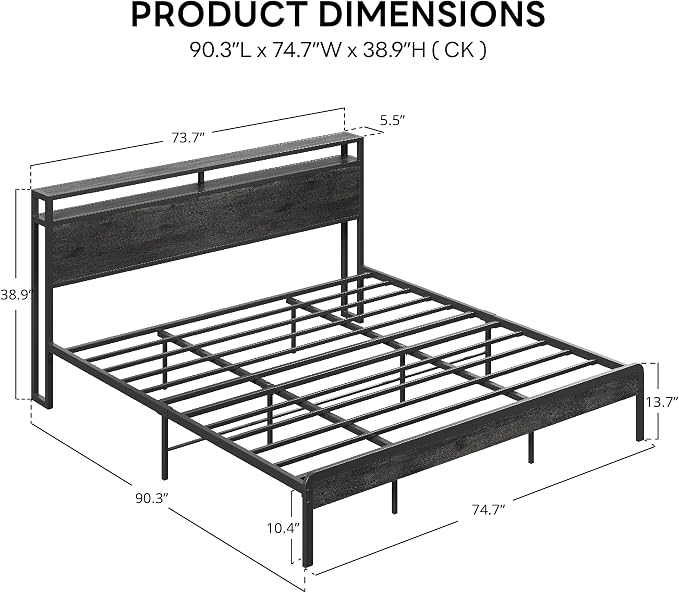 LIKIMIO California King Bed Frames with 2-Tier Storage Shelf Headboard | Dark Wood Platform Bed, Camas California King with Strong Metal Supports, Sturdy, Noise-Free, No Box Spring Needed, Grey