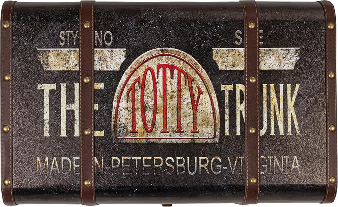 Household Essentials Large Decorative Storage Trunk with Vintage Decoupage, Leather and Metal Accents, Green and Black Finish