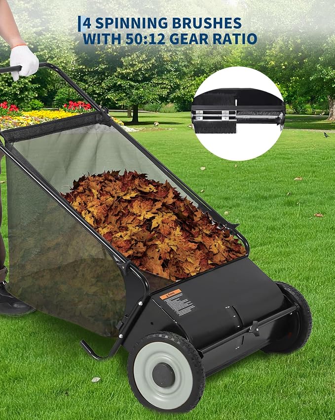 26-Inch Push Lawn Sweeper-Manual Yard Sweeper Walk Behind for Leaves Collector and Grass Clippings,7 Cu. Ft. Hopper Capacity, Height Adjustable, Fast Spinning Brushes