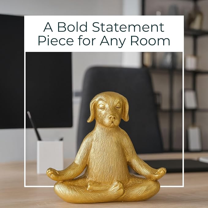 Meditating Dog Decorative Figurine – Zen Yoga Decor & Sculpture Accent – Polyresin Figurines & Sculptures Home Decor for Office, Bedroom, Living Room – 7" x 6", Gold