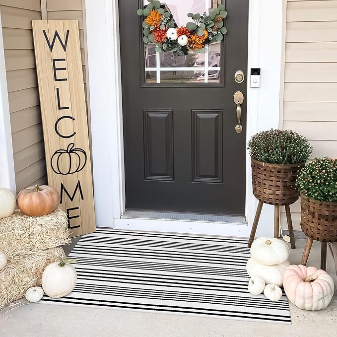 OJIA Front Door Rug 27.5"x43" Black and White Striped Outdoor Porch Rugs | Machine Washable Welcome Mat Cotton Woven Entryway Rug Front Door Mats for Porch/Farmhouse/Kitchen/Outside Entrance Decor