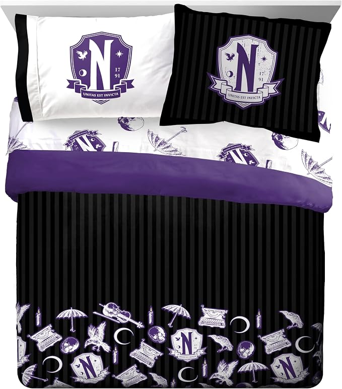 Wednesday Queen Comforter Set 7 Piece Gothic Bedding for Girls, Black | Bed in a Bag, Comforter Sheets Shams Pillowcases, Official Product, Soft Microfiber, Machine Washable, Girls Gift