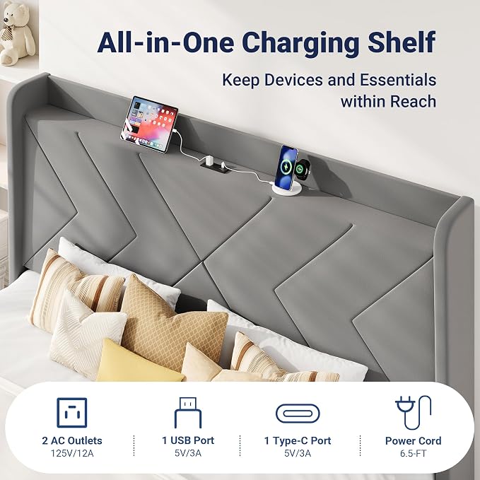 Allewie King Size Platform Bed Frame with USB Charging Station and Storage Shelf/Upholstered Velvet Wingback Headboard/Wooden Slats Support/No Box Spring Needed/Easy Assembly, Grey
