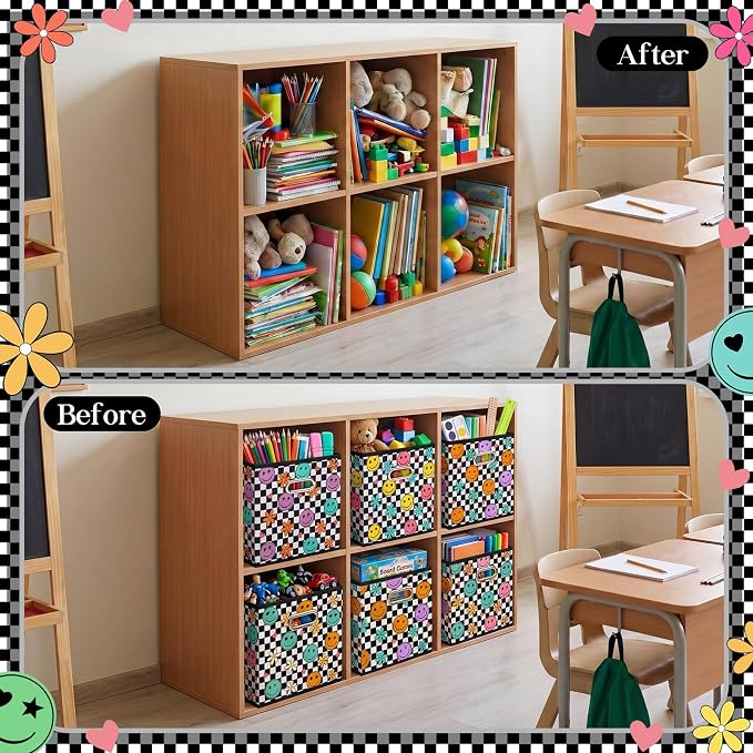 Gerrii 6 Pack 11 Inch Cube Storage Bins for Classroom Foldable Fabric Storage Cube Bins Checkered Smile Face Organizing Baskets with Grommet Handles for Back to School Organizer Shelves Decor