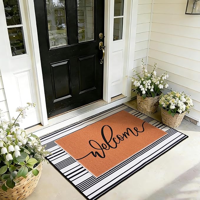 2pcs Layered Doormat Set, Welcome Door Mat for Outdoor Front Door, 16x24 PVC Coil & 24x32 Crystal Velvet Non-Slip Layering Entry Mats for Farmhouse Porch Decoration（Welcome, Buffalo Plaid