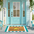 2 Pcs Layered Front Porch Decor, Hello Sunshine Welcome DoorMats Summer Coastal Entryway Rug Set, Light Blue White Striped Crystal Velvet Base and PVC Coil Door Mat, 15.7x23.6 & 23.6x31.5