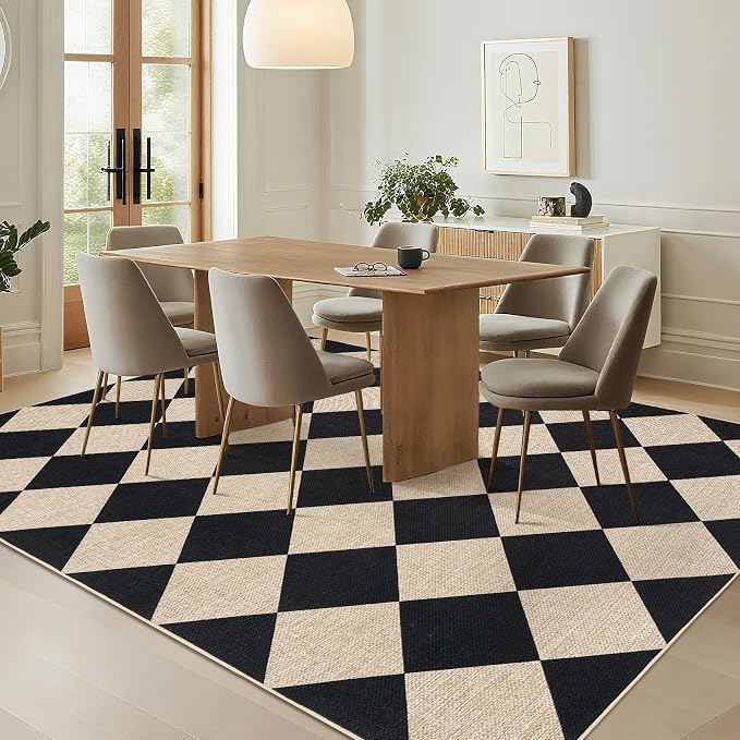 GarveeHome Checkered Easy Jute Area Rug 10x13 Machine Washable Non-Slip Stain Resistant Indoor Outdoor Rugs for Living Room, Bedroom, Kitchen, Dining, Patio Farmhouse Style Black