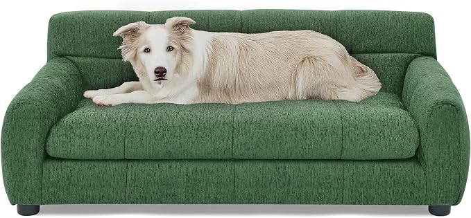 38" Dog Sofa Bed, Elevated Dog Bed with Backrest and Armrests, Soft Memory Foam Couches for Small and Medium-Sized Pets, Durable Linen Pet Couch Furniture, Green