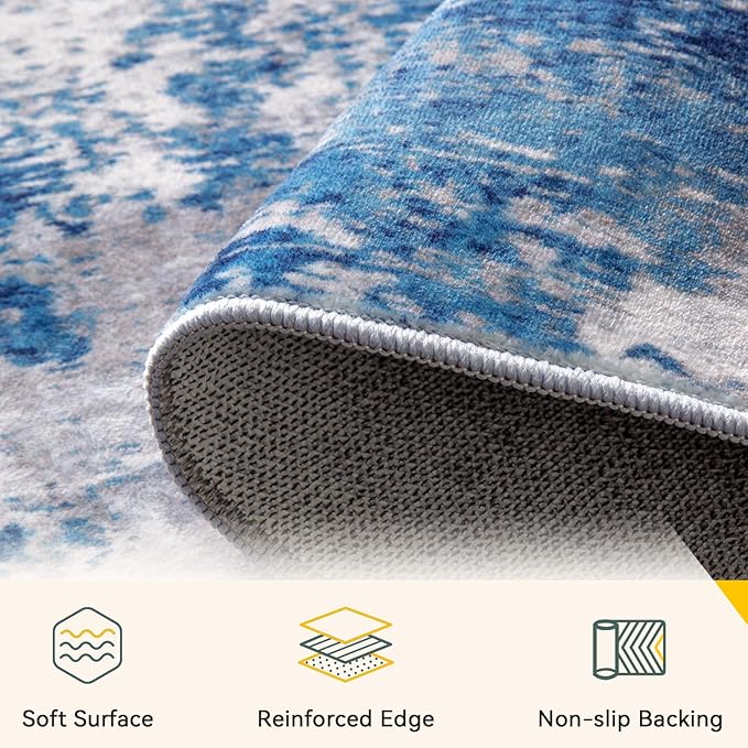 Washable Area Rugs Square 10ft Non-Slip Modern Abstract Soft for Living Room Entryway Bedroom Nursery, Print Pattern, Blue Grey Navy Gray