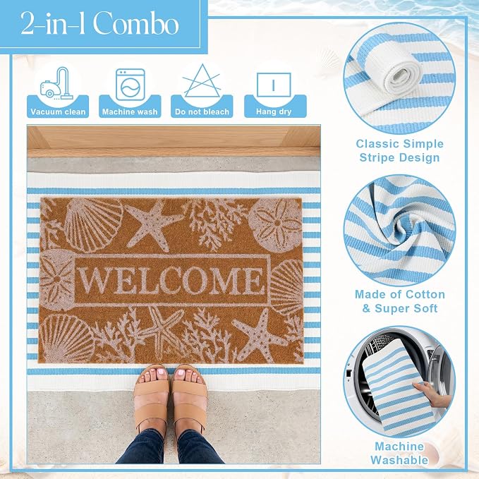 2 Pcs Outdoor Door Mat Combo Set Layered Outdoor Rug and Coir Welcome Doormat Non Slip Outside Floor Mat for Front Porch Entryway Patio Yard Decor(Summer Beach,24'' X 51',18'' X 28'')