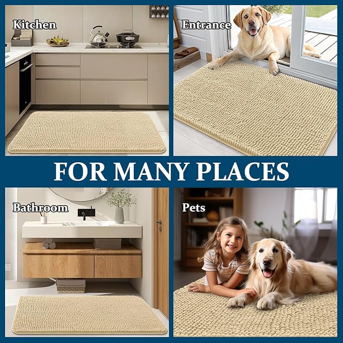 OLANLY Dog Door Mat for Muddy Paws 44x32, Absorbs Moisture and Dirt, Absorbent Non-Slip Washable Doormat, Quick Dry Chenille Mud Mat for Dogs, Entry Indoor Entryway Carpet for Inside Floor, Sand