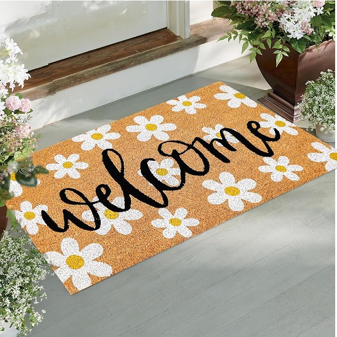 JarThenaAMCS Spring Flower Welcome Doormat Daisy Natural Coir Door Mat Non-Slip Floral Entrance Door Rugs for Indoor Outdoor Home Bathroom Decor, 16.5 x 29 Inch