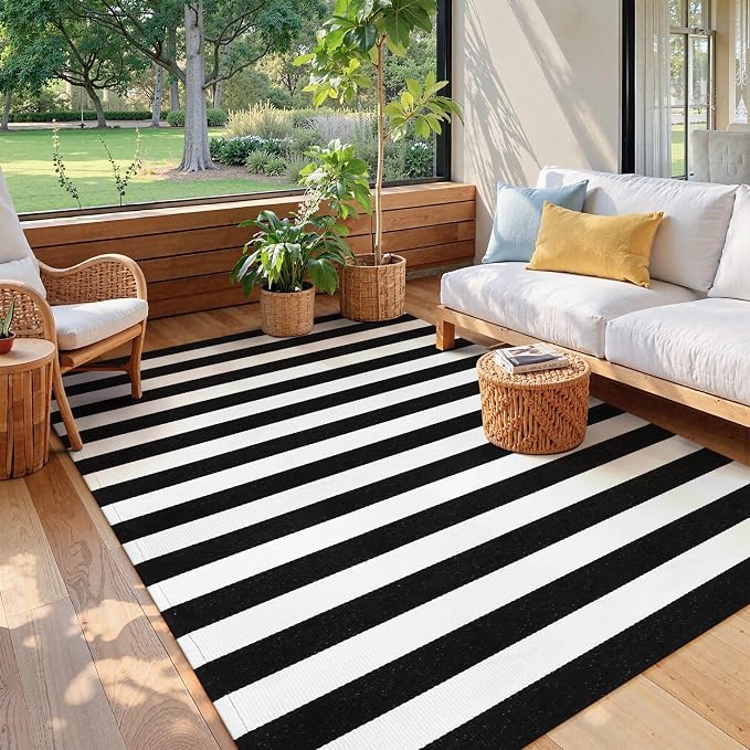 Collive Black and White Striped Rug 5' 7" x 7' 7" Washable Large Patio Rug Cotton Hand Woven Indoor Outdoor Rug Farmhouse Rug Floor Carpet for Porch Decor Backyard Dining Room Entryway