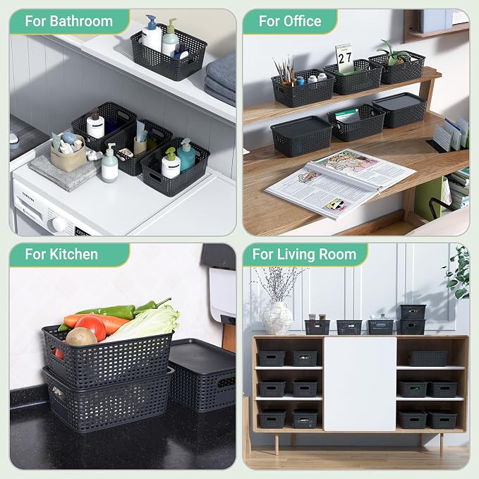 Plastic Storage Baskets with Lid-Plastic Storage Containers Stackable Storage bins: Storage Baskets for Organizing Shelves Drawers Desktop Closet Playroom Classroom Office, 8Pack-Black10.2x7.2x4.1Inch