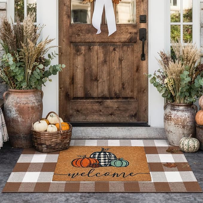 Uphome Bufflo Plaid Outdoor Rug 2'x4.3', Fall Decor Checkered Front Door Mat, Indoor Outdoor Farmhouse Cotton Porch Rug for Layered Door Mats, Washable Brown Carpet Runner for Patio Entryway