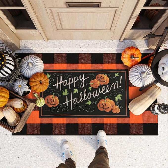 Collive Buffalo Plaid Checkered Outdoor Rug, Black and Orange Halloween Fall Decor Door Mat, Washable 27.5x43 Inches Front Porch Rug, Layered Welcome Mat Doormat for Porch Entryway Patio Kitchen