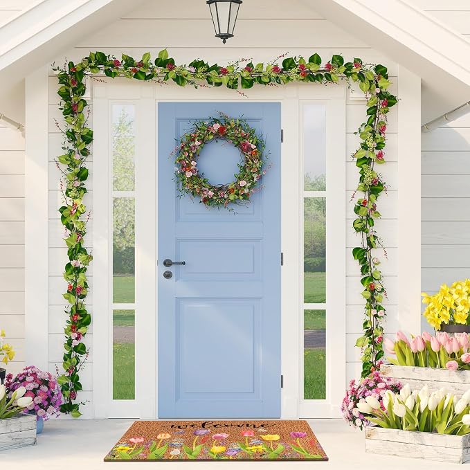 Ceenna Spring Welcome Doormat Outdoor Spring Coir Door Mat Flowers Butterfly Front Door Mat Indoor Non Slip Floral Front Porch Rugs for Home Entrance Decoration, 16 x 28 Inch