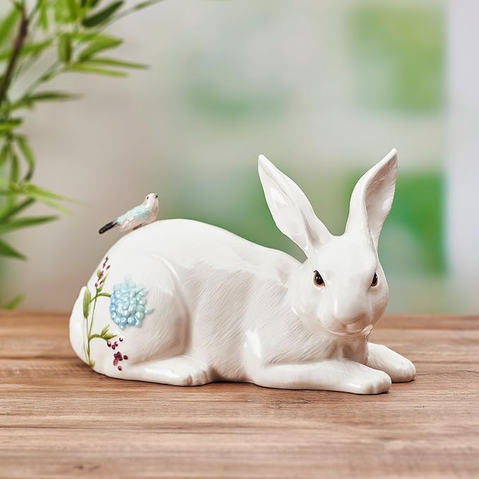 Fitz and Floyd Meadow Rabbit Ceramic Decorative Resting Figurine, 10 Inch