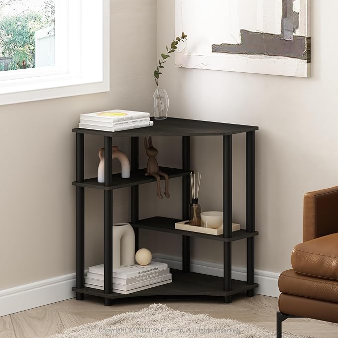 Furinno Turn-N-Tube Storage Shelves, 4-Tier Corner Shelf, Toolless Assembly Display Rack, Corner Bookshelf for Small Space, for Organization and Storage, Living Room, Home Office, Espresso