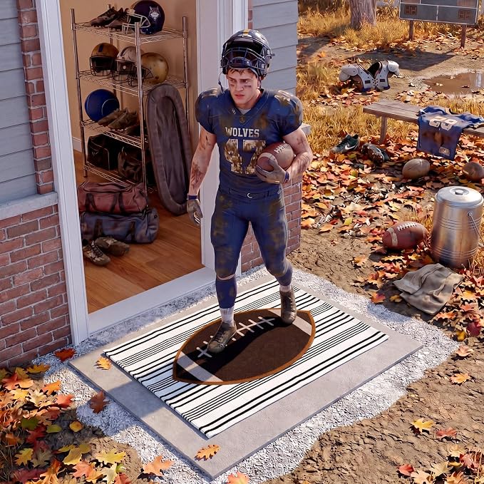 Moucuny 2 Pcs Football Coir Doormat Outdoor 16'' x 28'' Rugby Ball Welcome Outdoor Mats Layered 24'' x 35'' Black White Striped Rugs for Front Door Porch Entryway Decor for Game Day, Home Gym