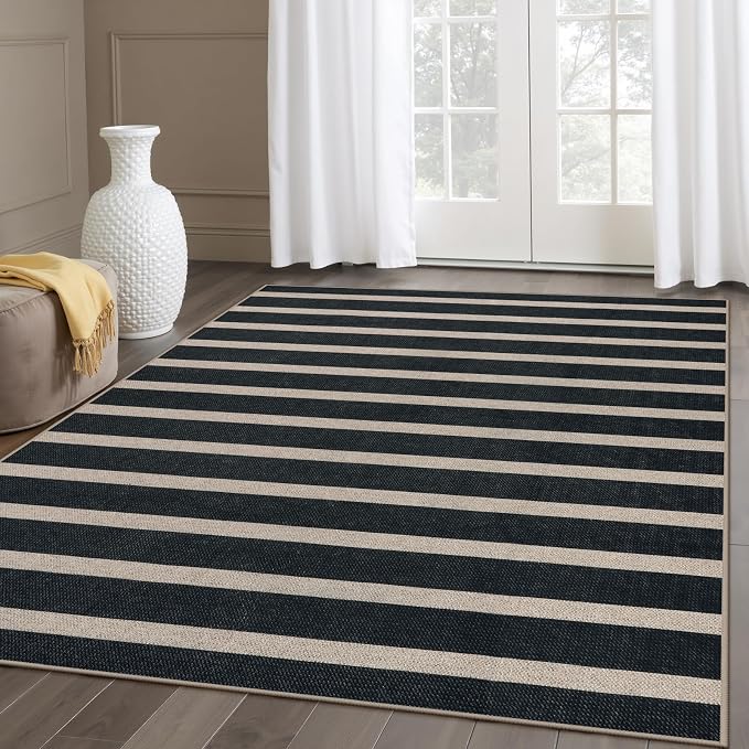 Lahome Striped Easy Jute Outdoor Patio Rug, 5x7 Living Room Washable Rugs | Dining Room Area Rug Black, Modern Farmhouse Neutral Non Slip Non Shedding Carpet for Porch Deck Classroom Entryway Office