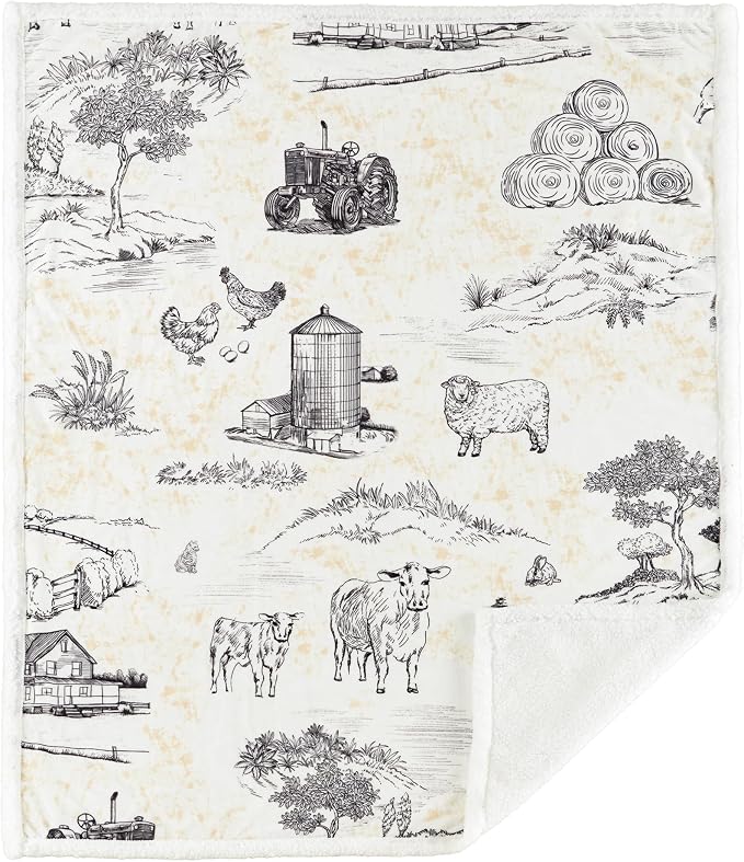 Indigo Hill by HiEnd Accents Farm Life Sherpa Throw Blanket, Brown American Farmstead Rural Life Print Western Blanket for Camping Outdoor, Sherpa Fleece Blanket for Couch, Sofa, Bed, 54x68 inch