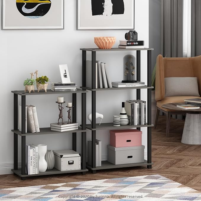 Furinno TURN-S-TUBE Storage Shelves Set of 2, 3-Tier Book Shelf, Corner Shelf, Toolless Open Shelves, Square Tubes, for Organization and Storage, Living Room, Garage, Home Office, French Oak